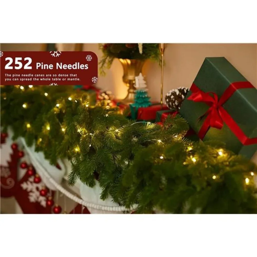 6FT Christmas Garland Pine Garland with 16.4FT LED Lights String, Greenery Plant